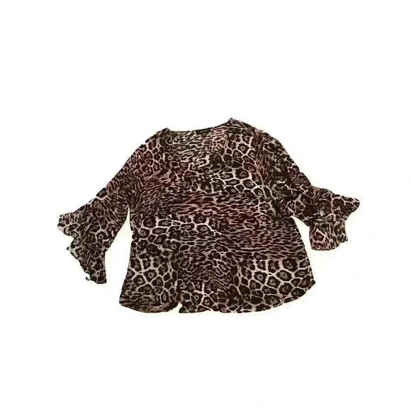 Karen Kane Plus Size 0X  Leopard Print Blouse Bell Sleeves L/S USA Made - Picture 2 of 7